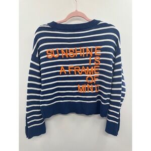 NWT Kerri Rosenthal Pullover Sweater Women Small Navy White Knit Striped Graphic